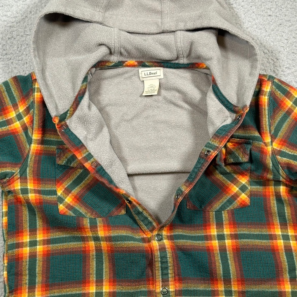LL Bean Fleece Lined Plaid Flannel Hoodie Shirt Jacket Kids Large 14-16 Outdoor - Picture 12 of 16
